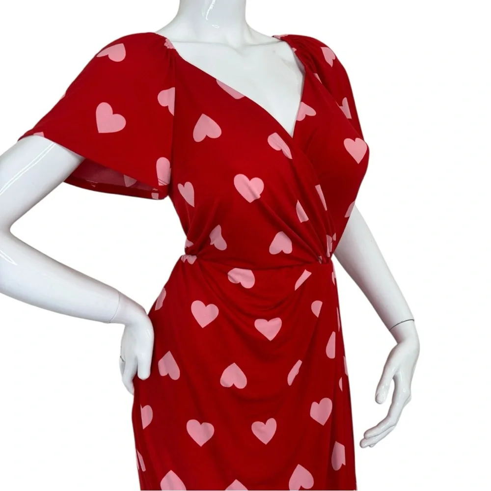 LANE BRYANT WOMEN'S RED PINK HEART FLUTTER SLEEVE FAUX-WRAP MAXI MID DRESS PLUS - Picture 9 of 12